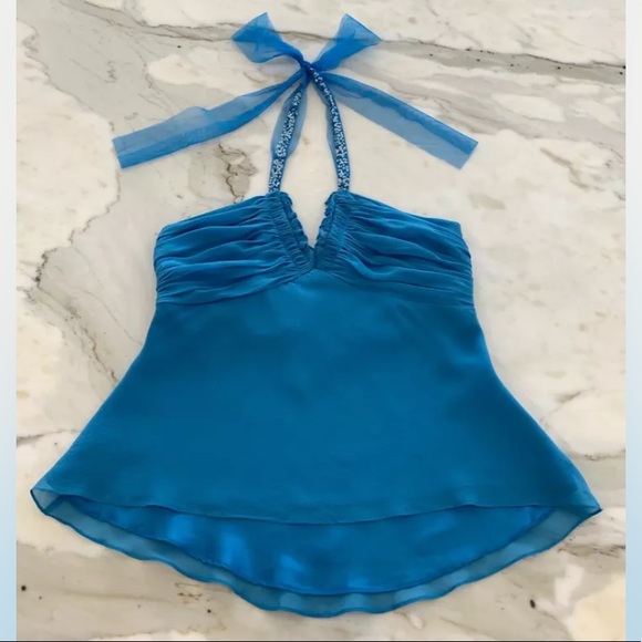 BCBG BLUE SILK EMBELLISHED HALTER TOP SIZE SMALL - Picture 4 of 14